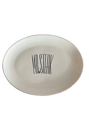 Mr. Steak Oval Serving Platter Dish 12" White Porcelain Retro Dining Collectible
